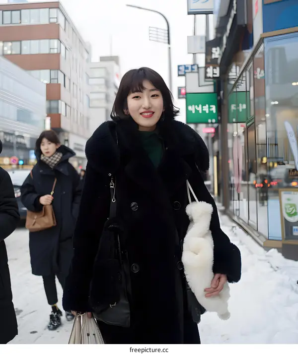 Young Asian Woman Wearing a Black Coat Smiling on a Snowy Street