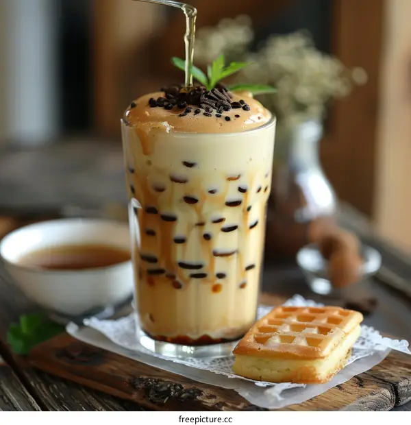 Iced coffee with cream and chocolate syrup