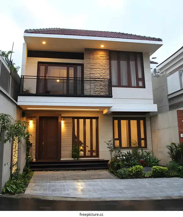 Modern Two Story Home with Stone Facade and Balcony