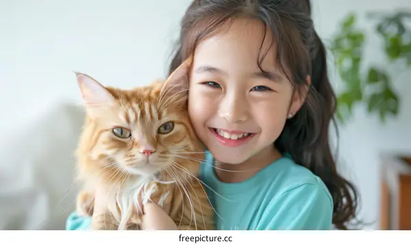 A young girl is hugging an orange cat.