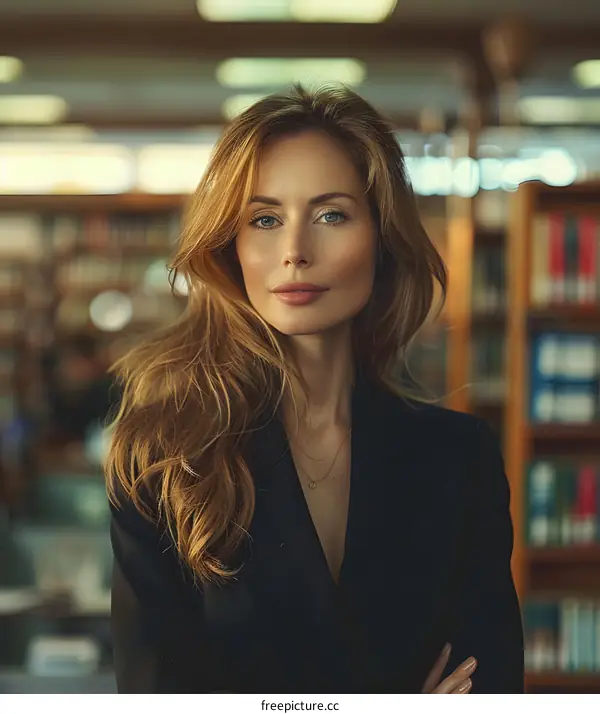 portrait of a beautiful woman in a library