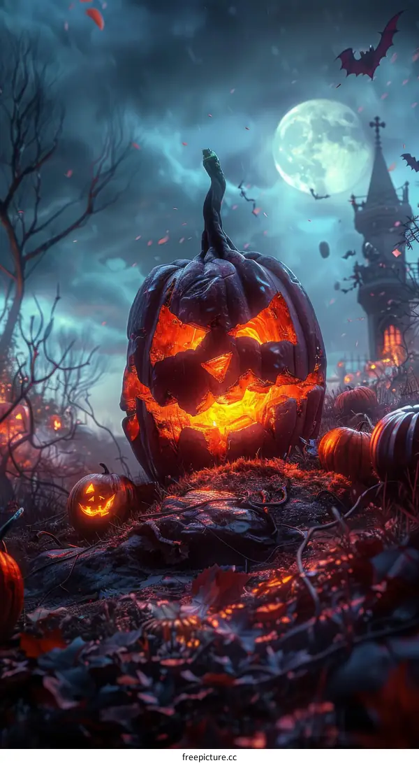 Spooky Pumpkin Head in a Graveyard at Night