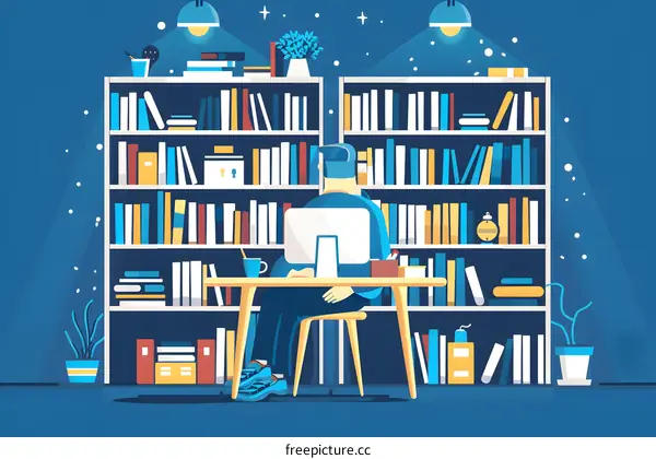 Man Sitting at Desk in Library with Bookshelves