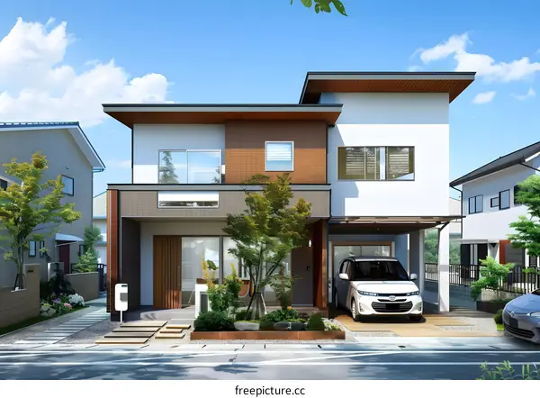 Modern Two Story House With Carport And Landscaping