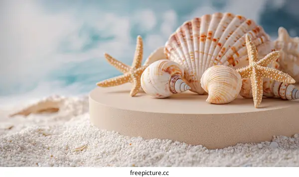 Seashells and Starfish on a Display Platform