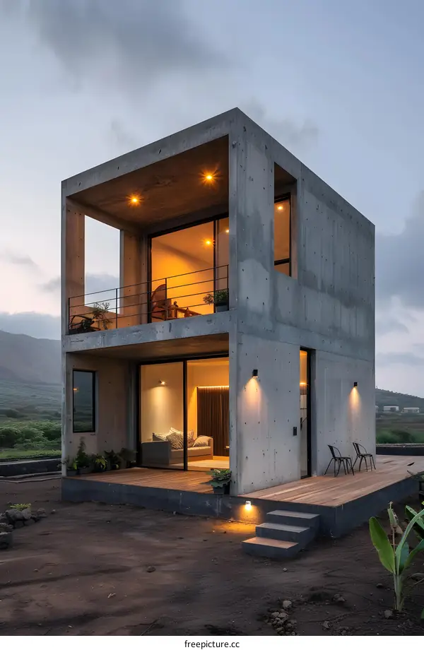 Modern Concrete House with Large Windows and Balcony