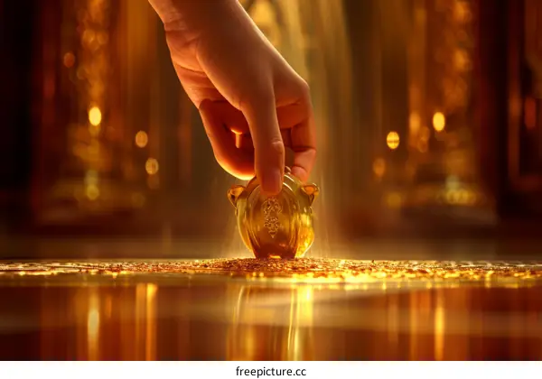 Hand placing a gold coin on a reflective gold surface
