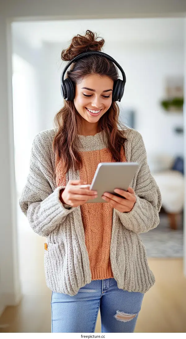 Young Woman Enjoying Music and Technology