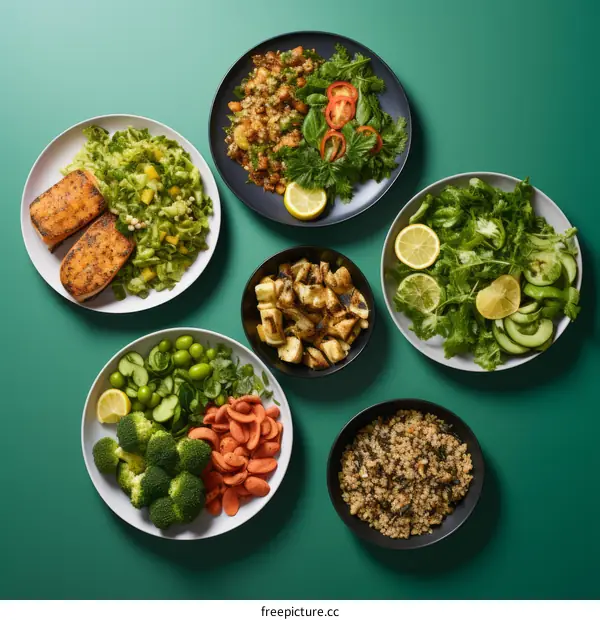 Various healthy dishes with vegetables, grains, and fish