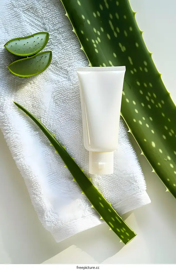 Aloe Vera Cream and Green Leaves on White Towel