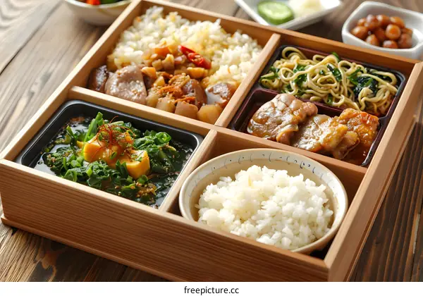 Japanese food bento box with rice, meat, and vegetables