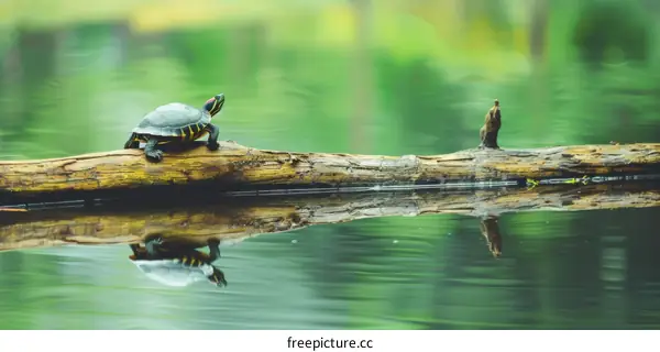 Turtle Basking on Log in Tranquil Lake