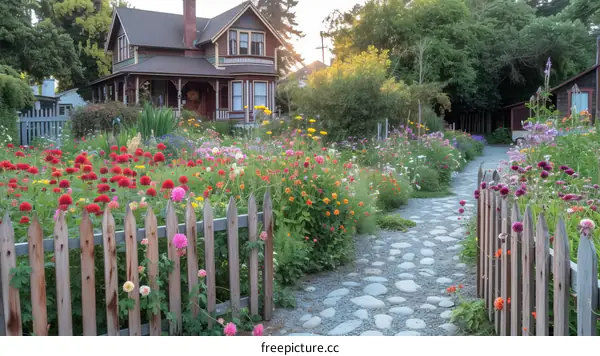 A beautiful garden with a variety of flowers and a house in the background