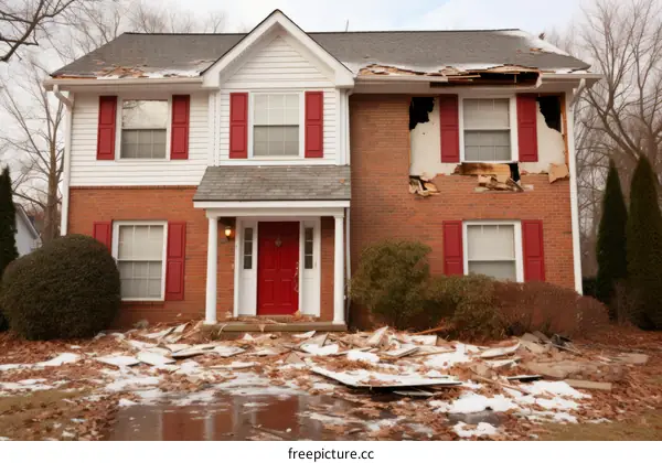 House with a damaged roof and broken windows