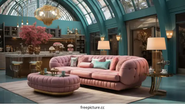 Pink and blue living room with large windows