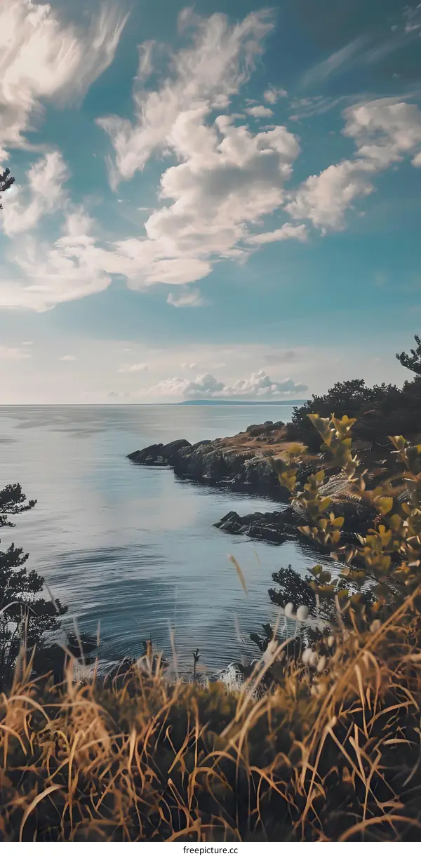 Seascape with Cloudy Sky and Lush Greenery