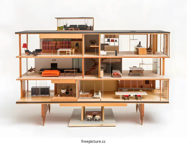 Modern Wooden Dollhouse with Multiple Rooms and Interior Design