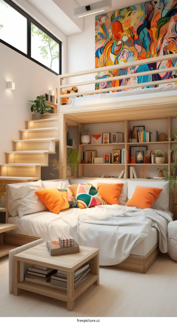 Cozy bedroom interior design with white walls and wooden furniture