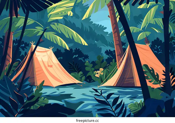 Tropical Forest Camping Tents Illustration