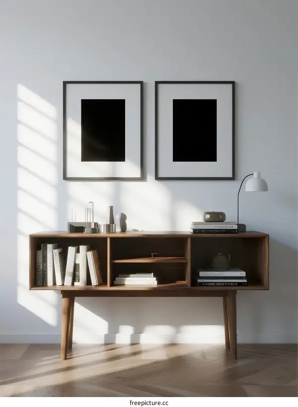 Modern Wooden Shelf with Framed Artwork in Bright Living Room