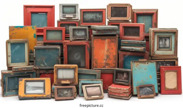 A pile of old rusty vintage television sets