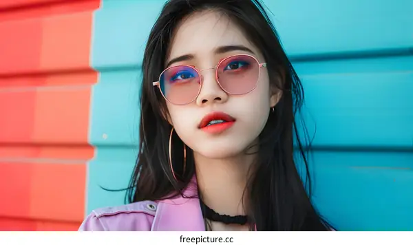 Asian Woman Wearing Round Sunglasses with Red Lips