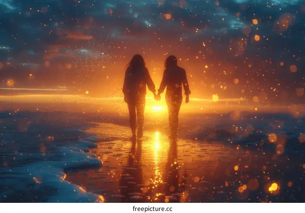 Two women walking on the beach at sunset