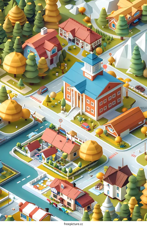 Low Poly Illustration of a Town with Houses, Trees, and a River