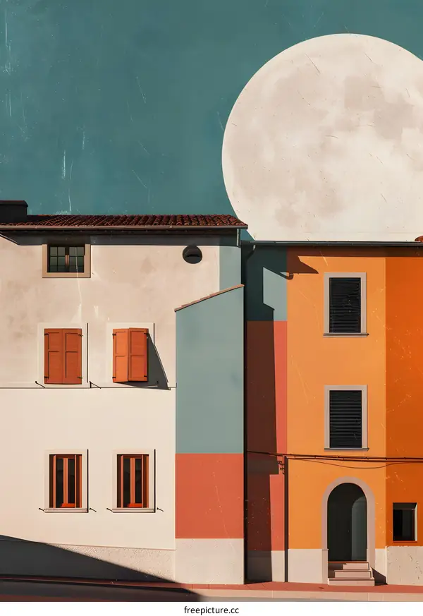 Minimalist Illustration of Houses with a Giant Moon