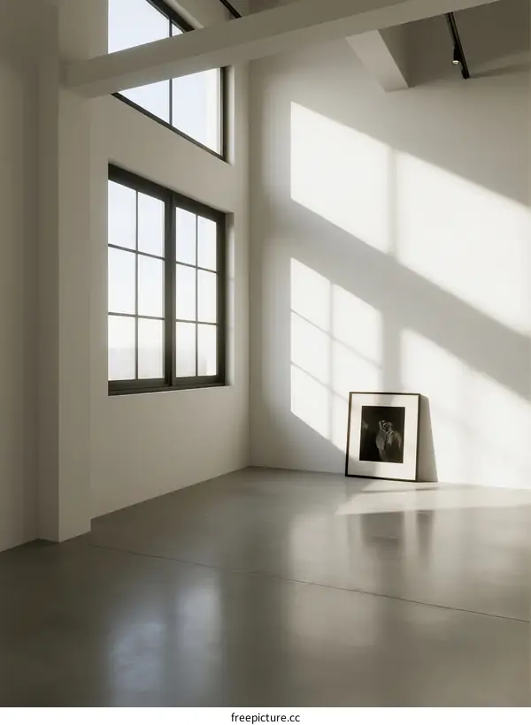 Minimalist white room with large windows and framed photo