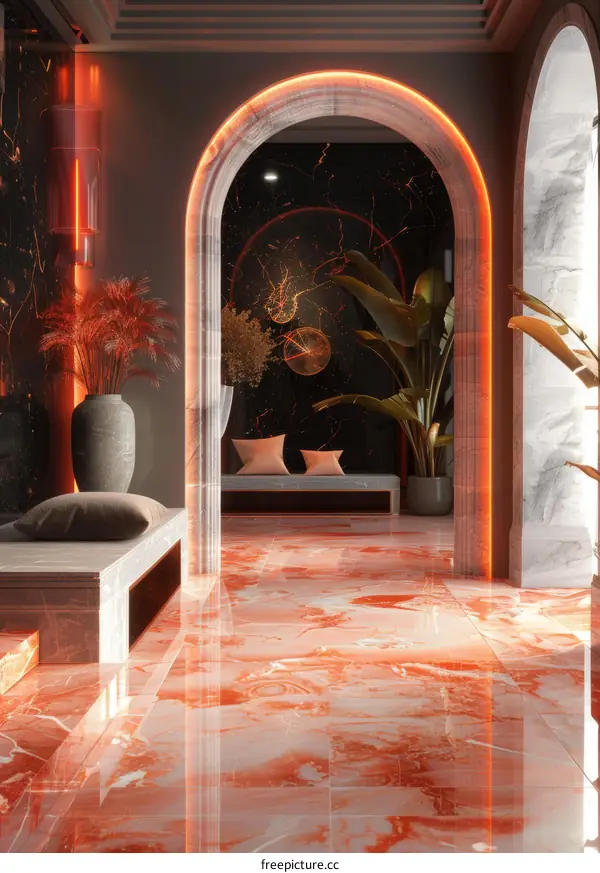 Luxury Interior Design with Ornate Archways and Marble Flooring