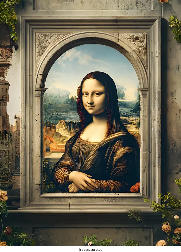 Mona Lisa Painting in Stone Frame
