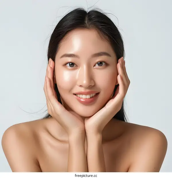 Beautiful Asian Woman Smiling With Hands On Face