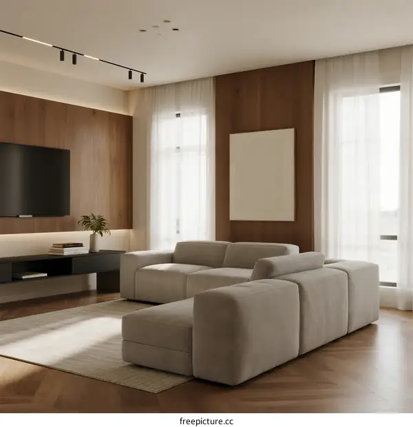 Modern Living Room with Wooden Paneling and Sectional Sofa