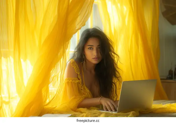 A young woman in a yellow dress is sitting on a bed and using a laptop.