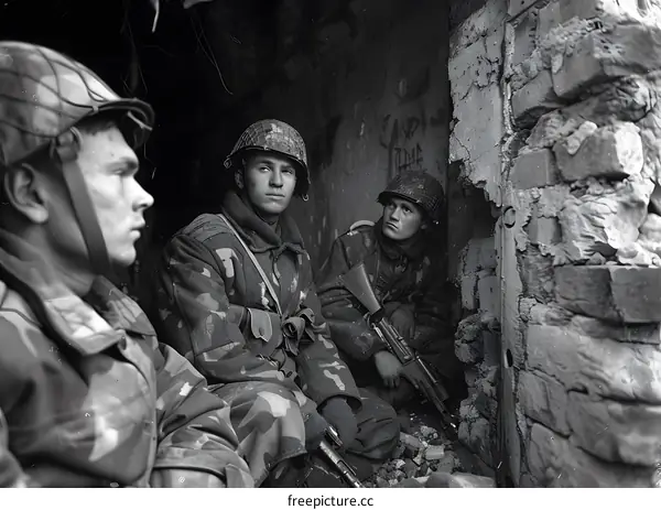 Three Soldiers in a Ruined Building During World War II