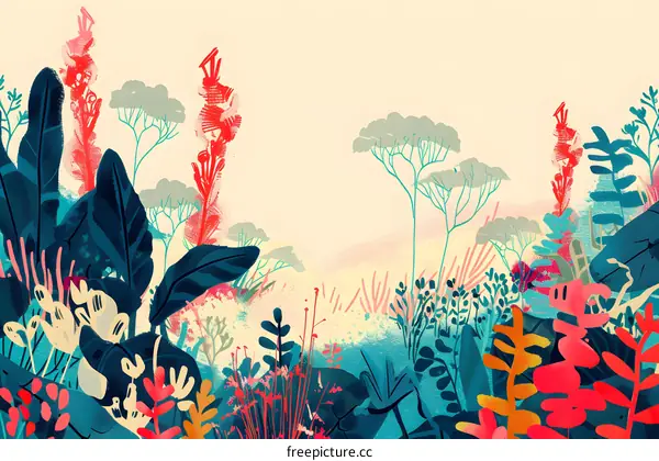 Abstract Landscape Illustration With Red And Blue Flowers