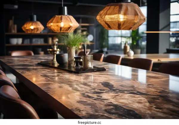 Modern office interior with marble table and designer chairs