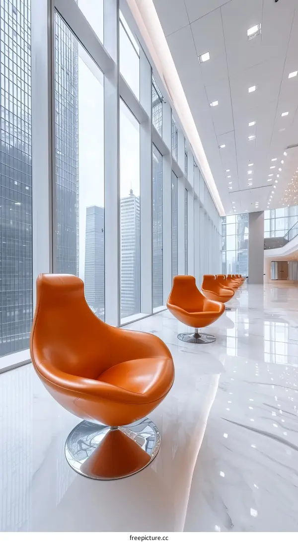 Modern office interior with orange leather chairs and large windows