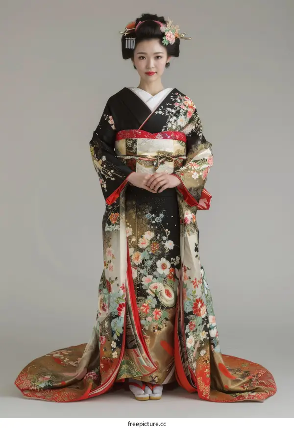 A Japanese woman wearing a traditional kimono