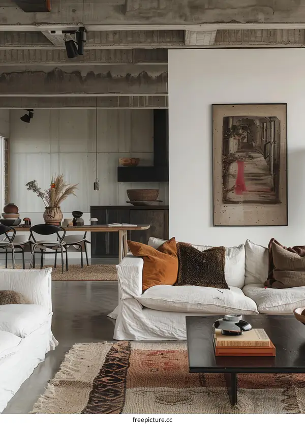 Modern industrial living room with white walls and concrete ceiling