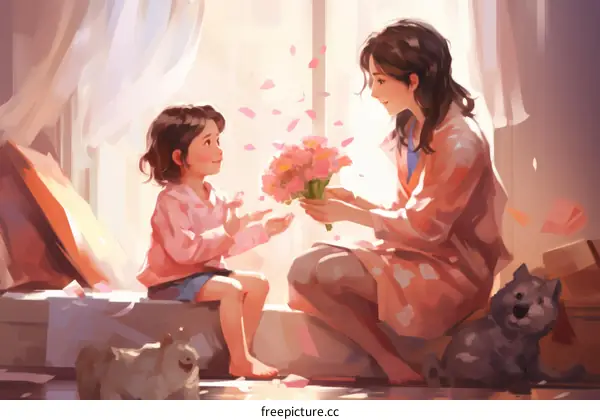 An illustration of a mother and her daughter on Mother's Day