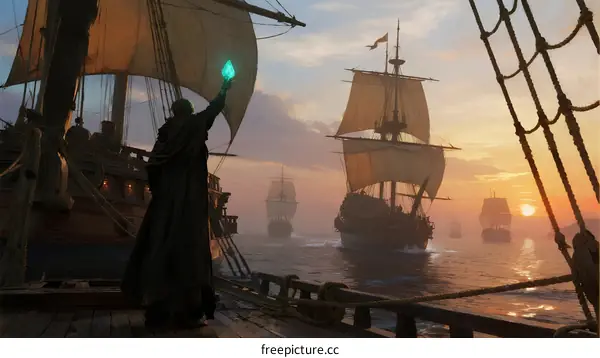 Mysterious figure on old ship using green magic at sunset