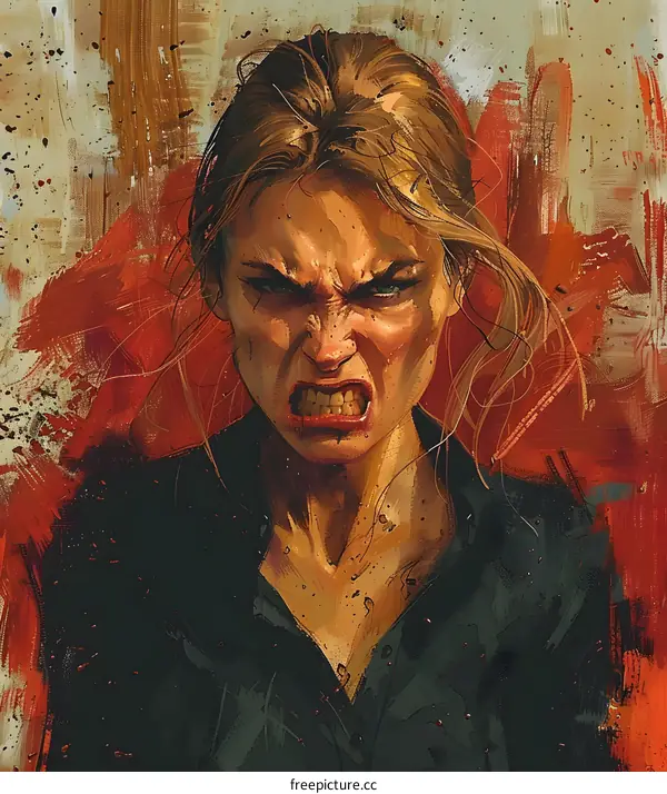 Angry Woman Portrait with Blood Splatter on Face and Clothing
