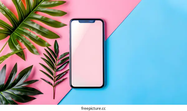 Tropical Leaves and Smartphone on Pastel Pink and Blue Background