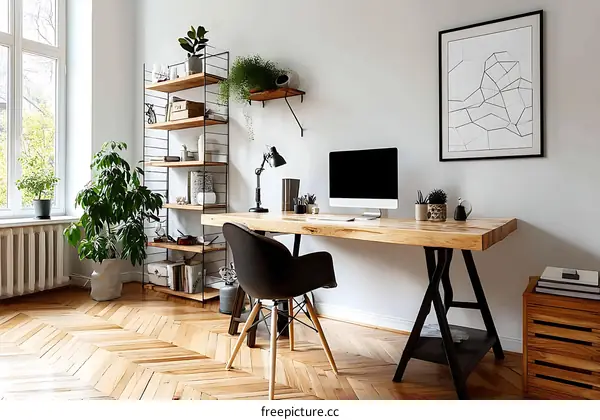 Modern Home Office with Wooden Furniture and Plants