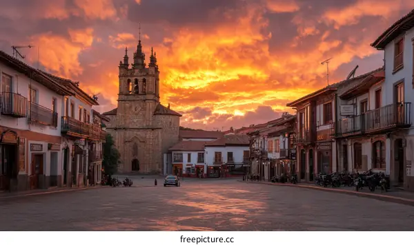 Colorful Sunset Over a Spanish Town Square