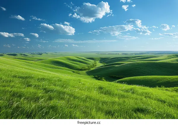 Green rolling hills under blue sky with white clouds