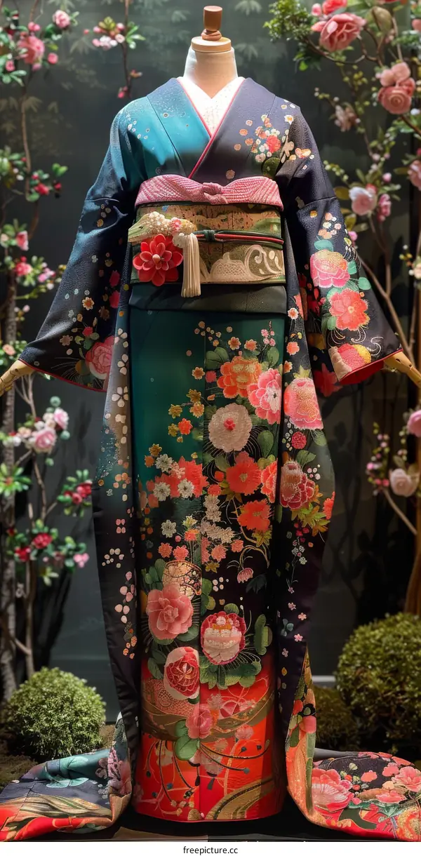 A kimono with a floral pattern and a pink obi