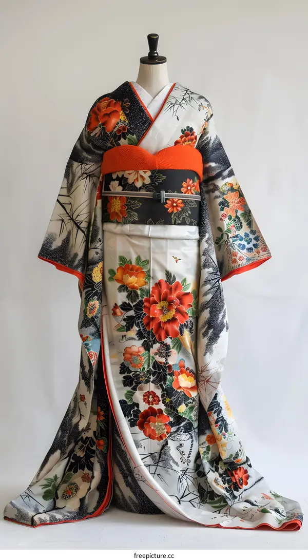 A kimono with a pattern of red and white flowers.